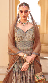 Exclusive latest designer Gown in pure pv silk and foil print with net duppatta detailed embroidery, hand and mirror work